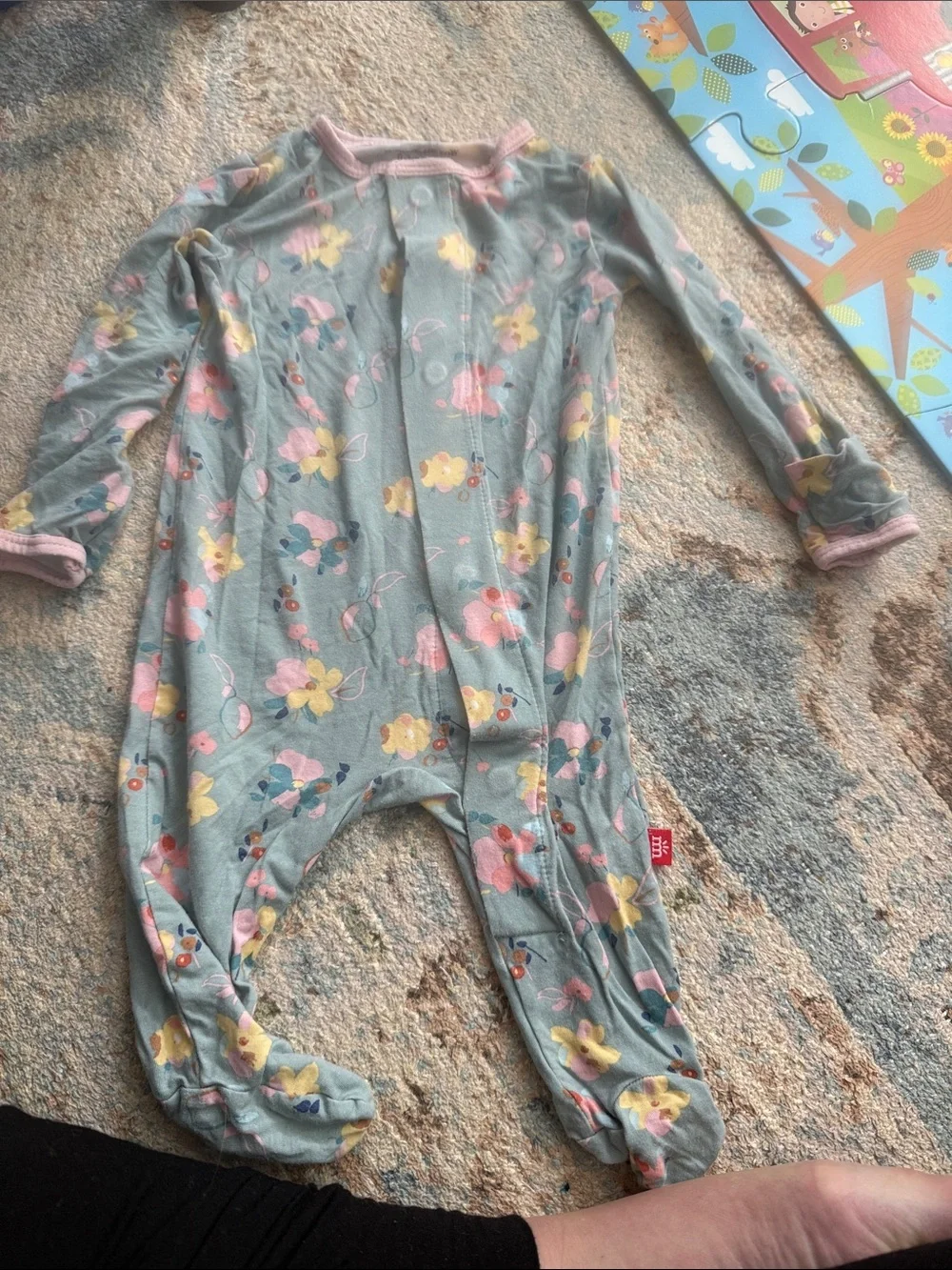 Magnetic Me teal Floral Footed One-Piece with Pink Trim